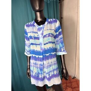 Chicos Tie Dye Tunic Top Blue White Purple 3/4 Sleeve V Neck Women's Size 1